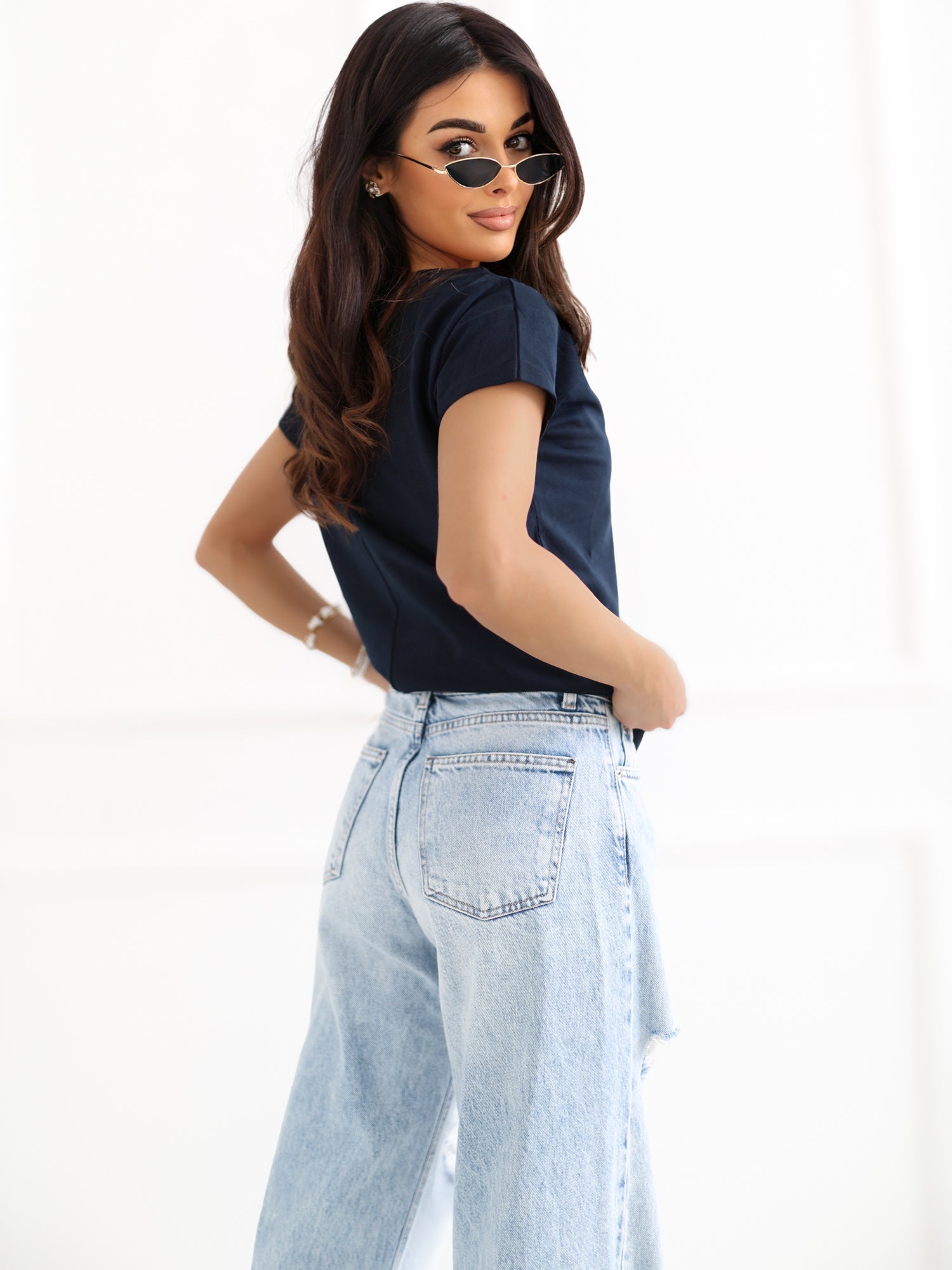 T-shirt in Cotone Stretch con Scollo a V (Emory) - Blu