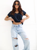 T-shirt in Cotone Stretch con Scollo a V (Emory) - Blu