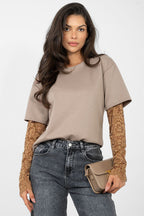 T-shirt da donna in cotone elastan con maniche a 3/4 pizzo