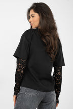 T-shirt da donna in cotone elastan con maniche a 3/4 pizzo