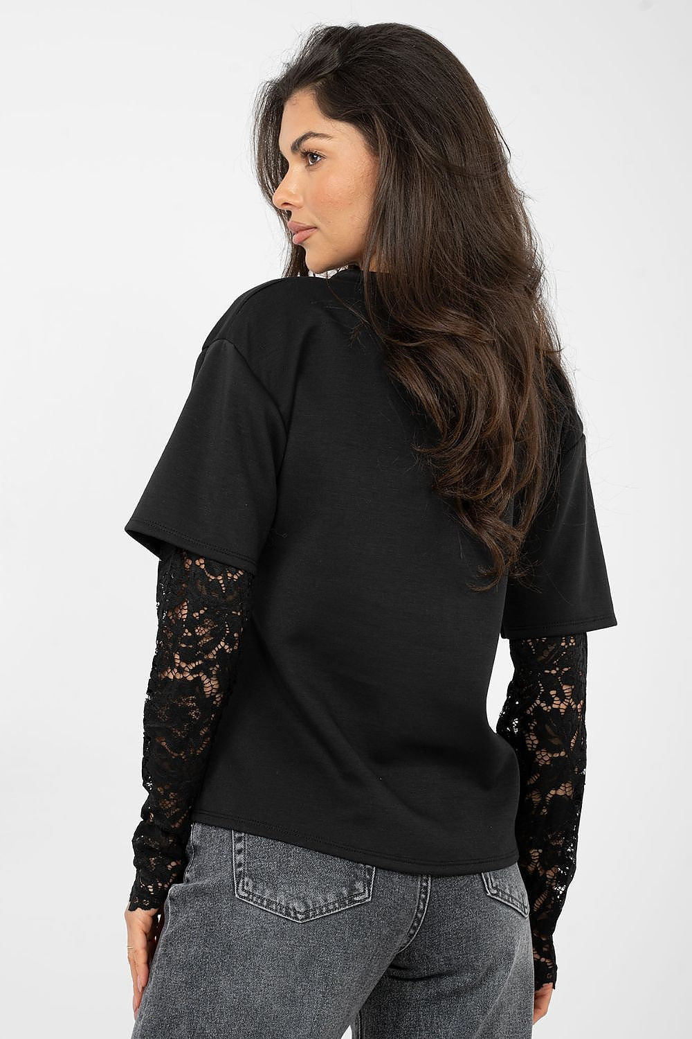 T-shirt da donna in cotone elastan con maniche a 3/4 pizzo