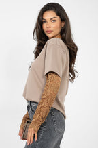 T-shirt da donna in cotone elastan con maniche a 3/4 pizzo