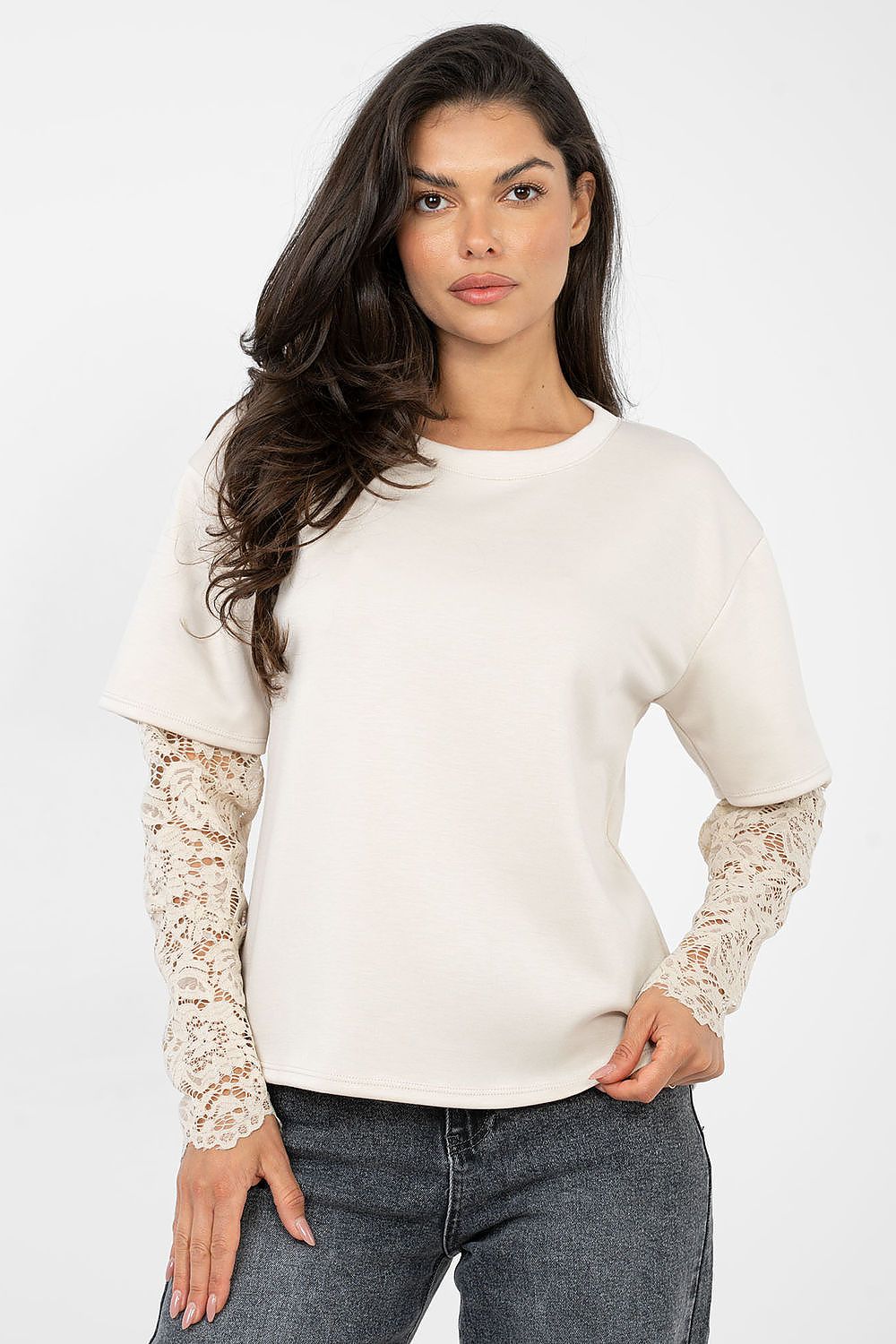 T-shirt da donna in cotone elastan con maniche a 3/4 pizzo