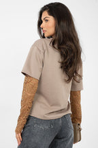 T-shirt da donna in cotone elastan con maniche a 3/4 pizzo