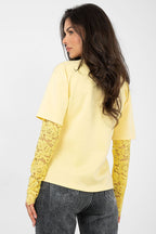 T-shirt da donna in cotone elastan con maniche a 3/4 pizzo