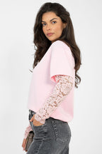 T-shirt da donna in cotone elastan con maniche a 3/4 pizzo