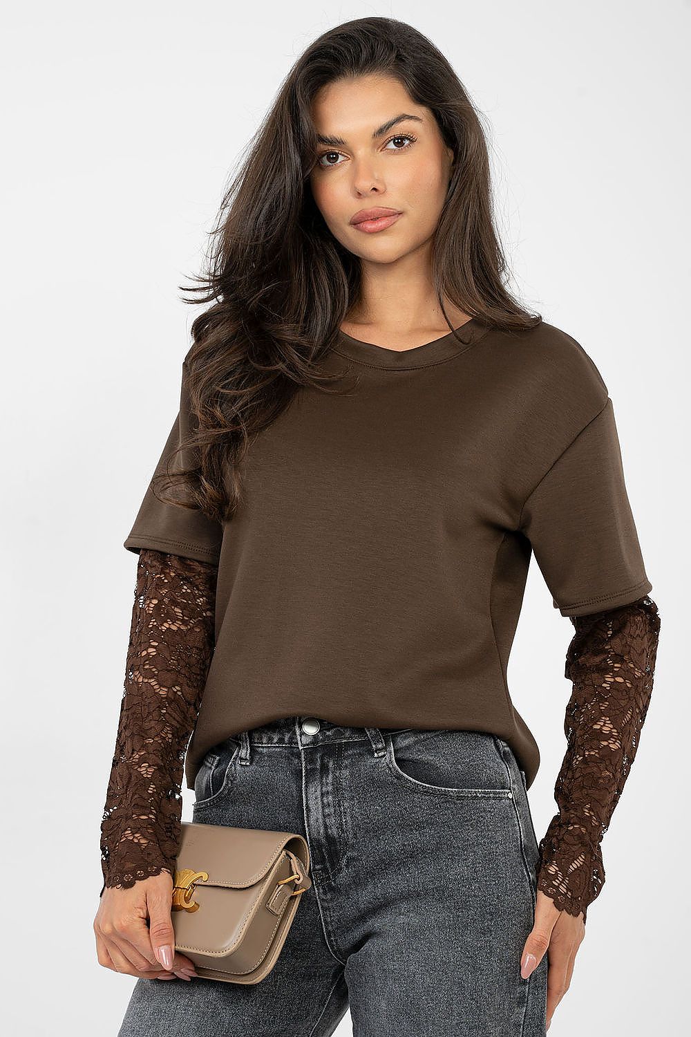 T-shirt da donna in cotone elastan con maniche a 3/4 pizzo