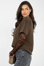 T-shirt da donna in cotone elastan con maniche a 3/4 pizzo