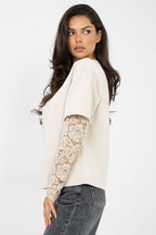 T-shirt da donna in cotone elastan con maniche a 3/4 pizzo