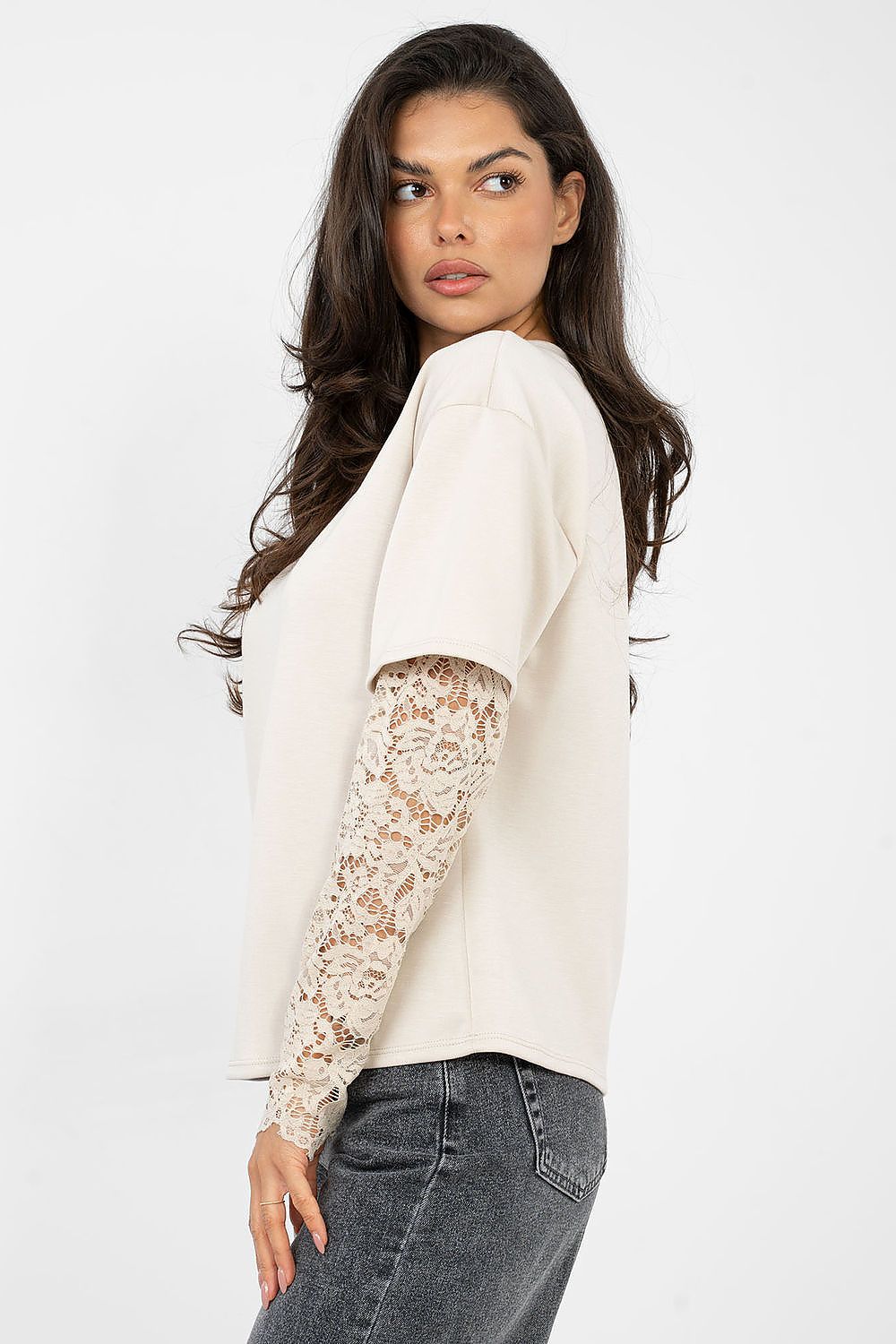 T-shirt da donna in cotone elastan con maniche a 3/4 pizzo