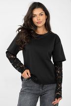 T-shirt da donna in cotone elastan con maniche a 3/4 pizzo