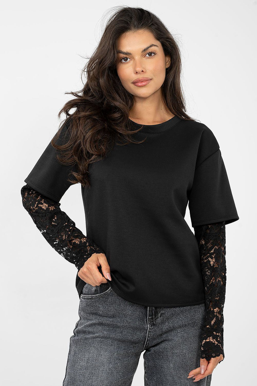 T-shirt da donna in cotone elastan con maniche a 3/4 pizzo