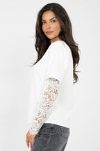 T-shirt da donna in cotone elastan con maniche a 3/4 pizzo