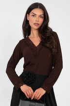 Marrone / Universale T-shirt elasticizzata scollo a V