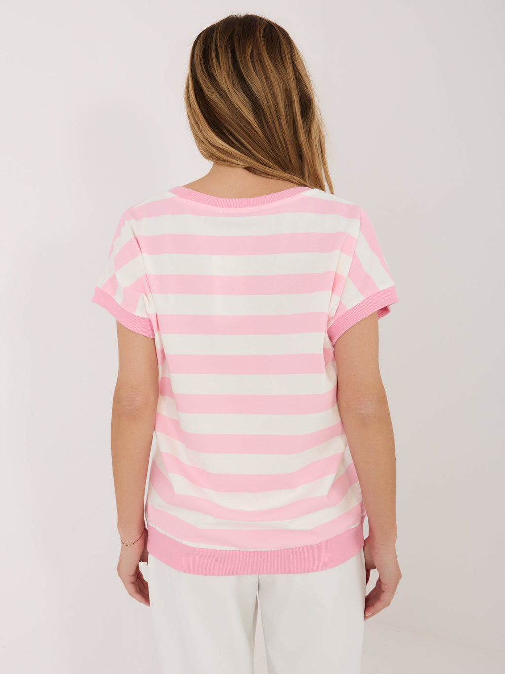 T-shirt a Righe in Cotone Stretch con Scollo V