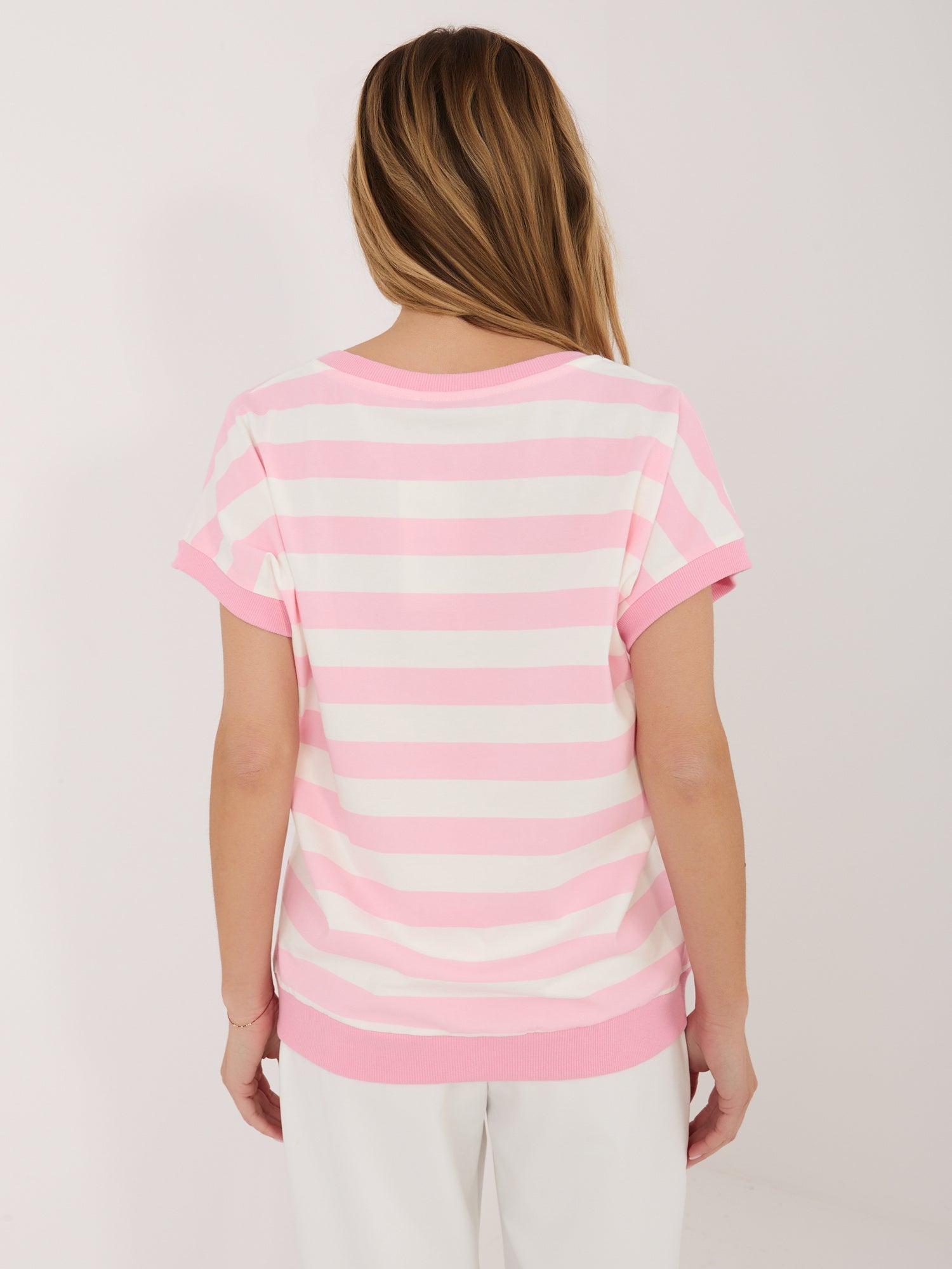 T-shirt a Righe in Cotone Stretch con Scollo V