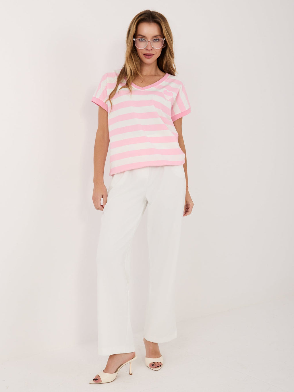 T-shirt a Righe in Cotone Stretch con Scollo V
