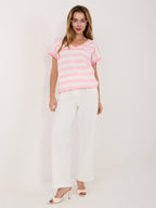 T-shirt a Righe in Cotone Stretch con Scollo V