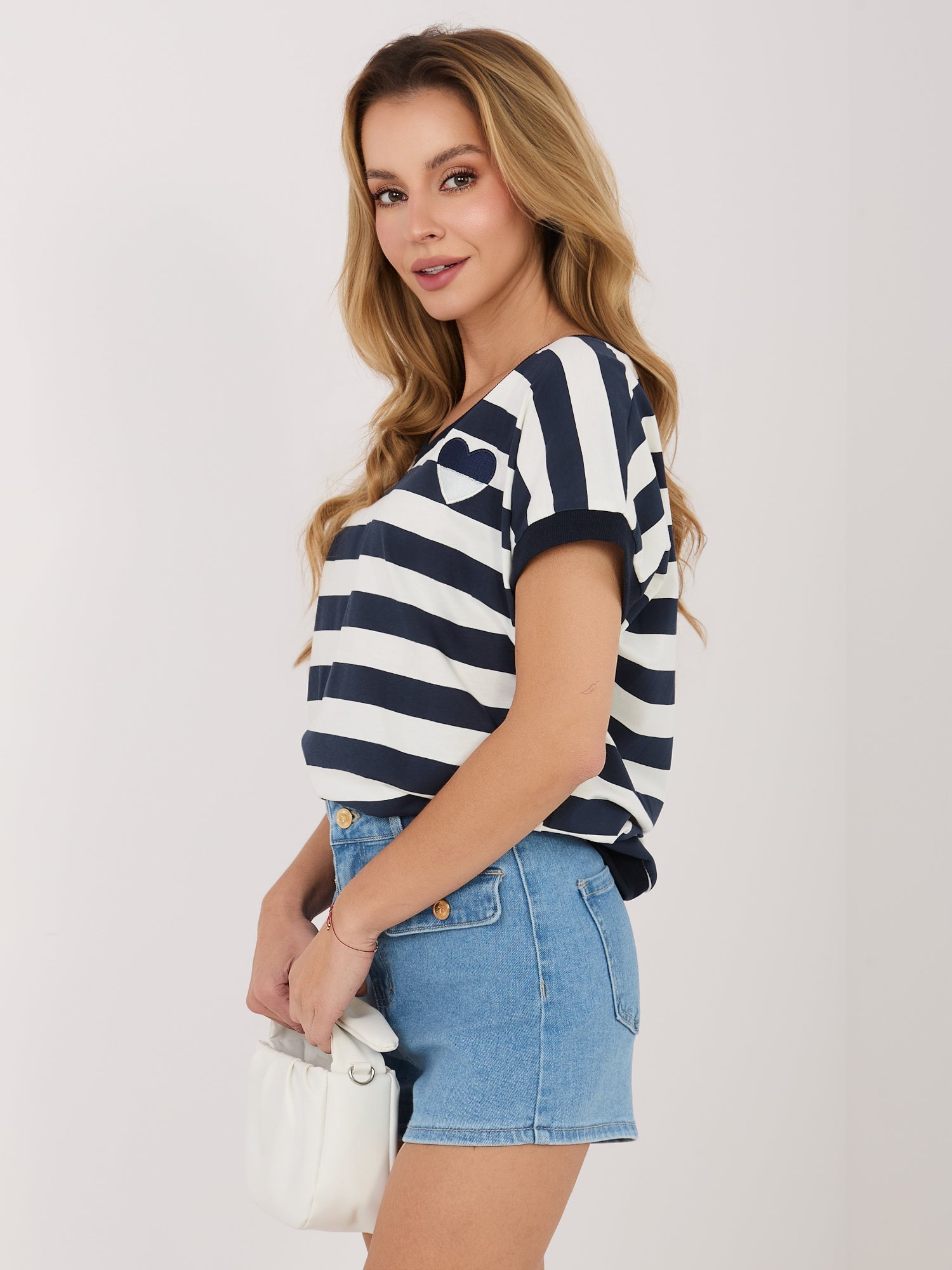 T-shirt a Righe in Cotone Stretch con Scollo V