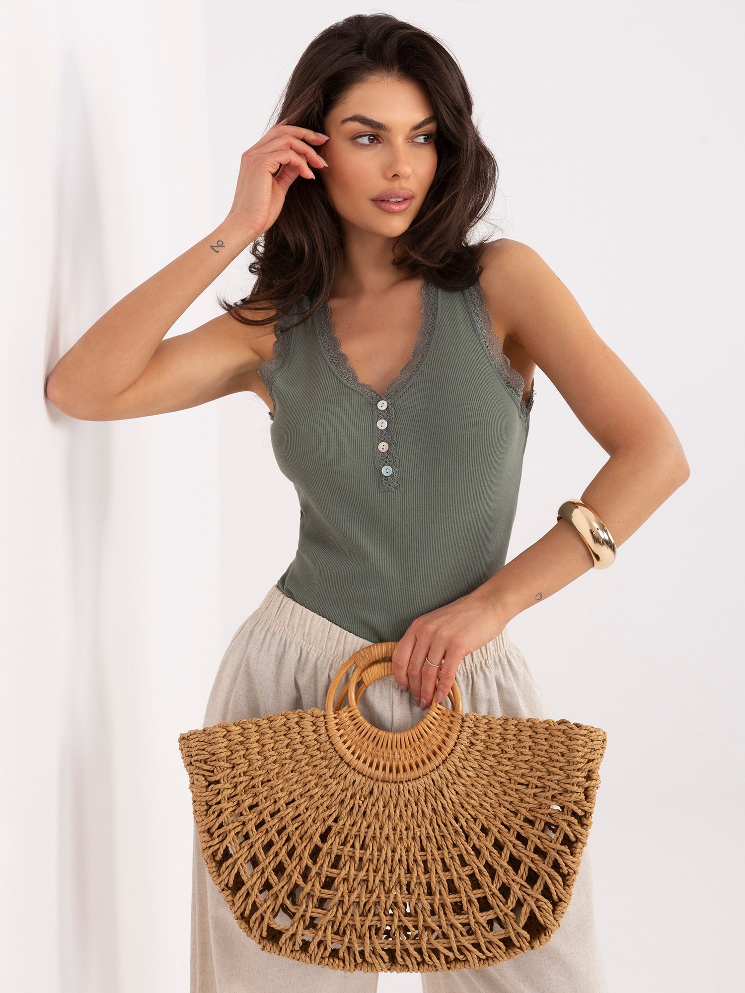 Kaki / ONE SIZE Top a Costine in Cotone Stretch con Scollo