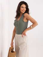 Top a Costine in Cotone Stretch con Scollo V e Bottoni