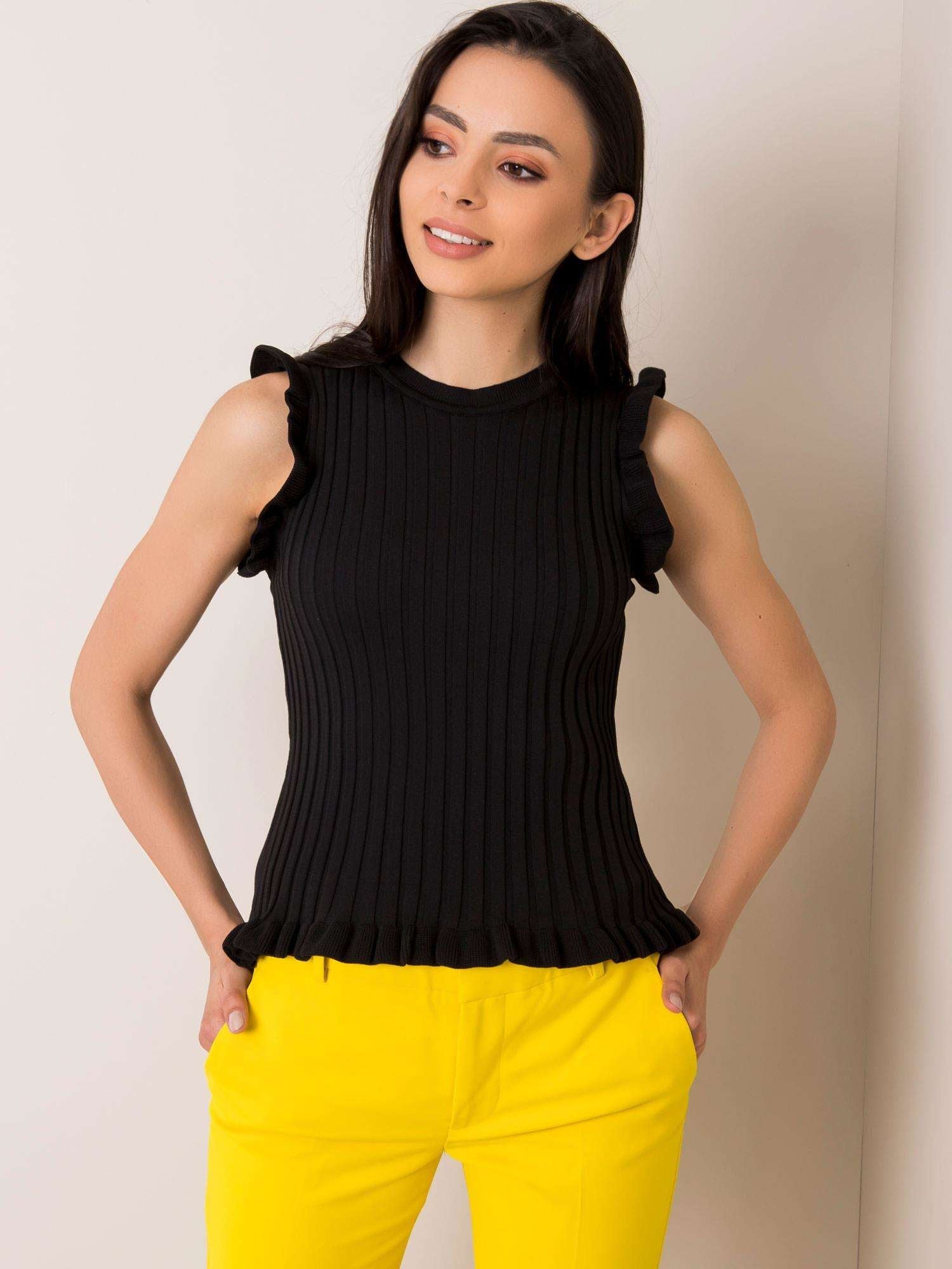Nero / S/M Top Smanicato in Maglia a Costine con Scollo