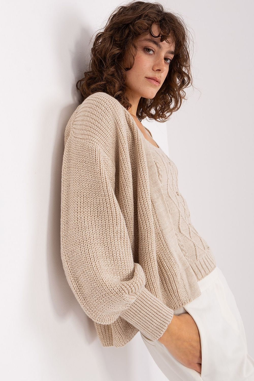 Beige / Universale Twin set top + cardigan in misto lana