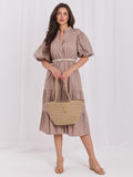 Beige / ONE SIZE Vestito in cotone midi con balza e cintura