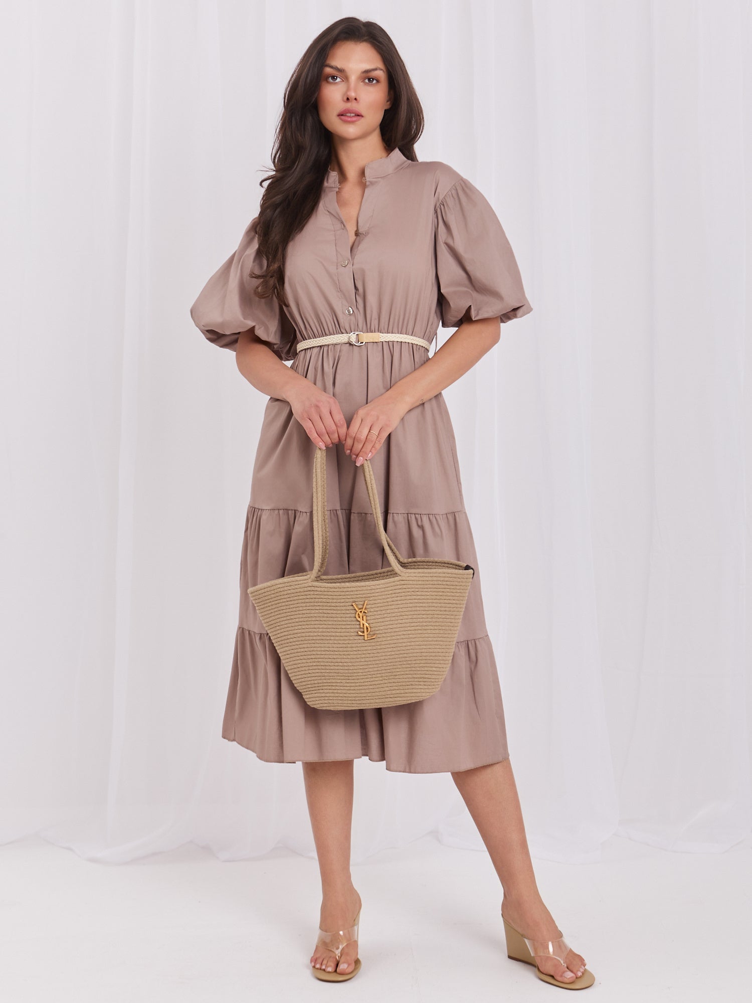 Beige / ONE SIZE Vestito in cotone midi con balza e cintura