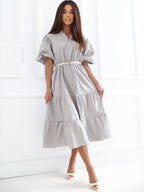 Grigio / ONE SIZE Vestito in cotone midi con balza
