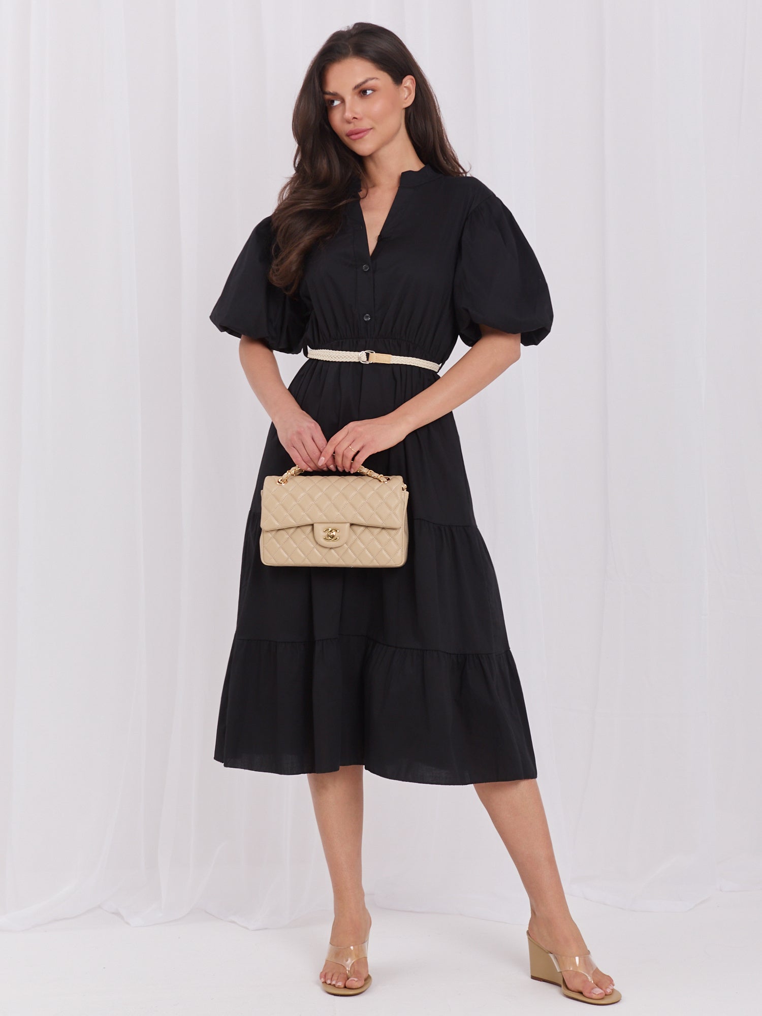 Nero / ONE SIZE Vestito in cotone midi con balza e cintura