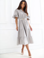 Vestito in cotone midi con balza e cintura – abito estivo
