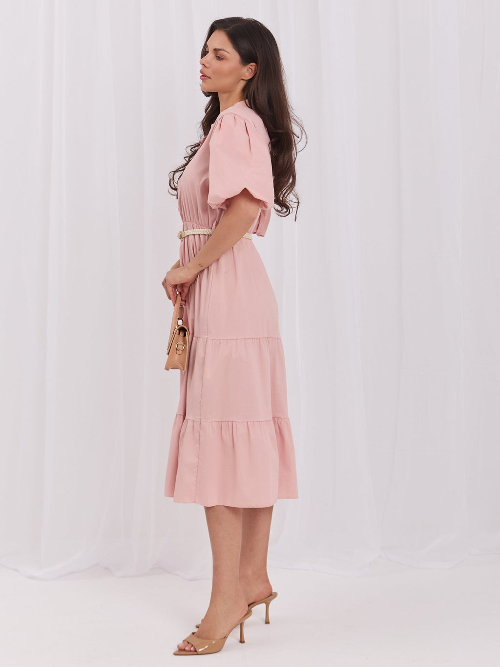 Vestito in cotone midi con balza e cintura – abito estivo