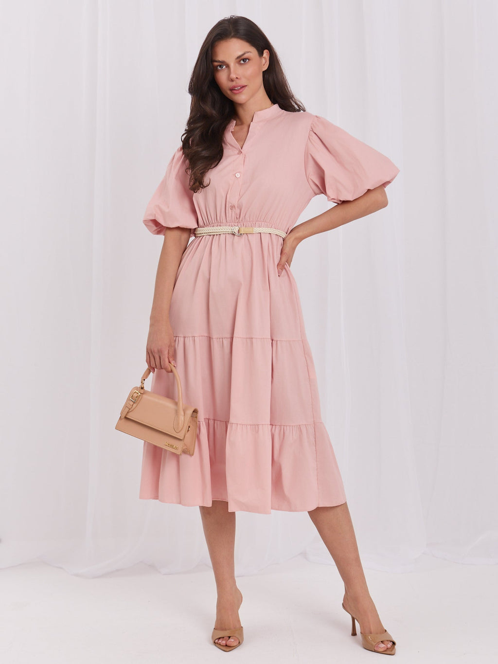 Rosa / ONE SIZE Vestito in cotone midi con balza e cintura