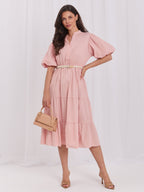 Rosa / ONE SIZE Vestito in cotone midi con balza e cintura