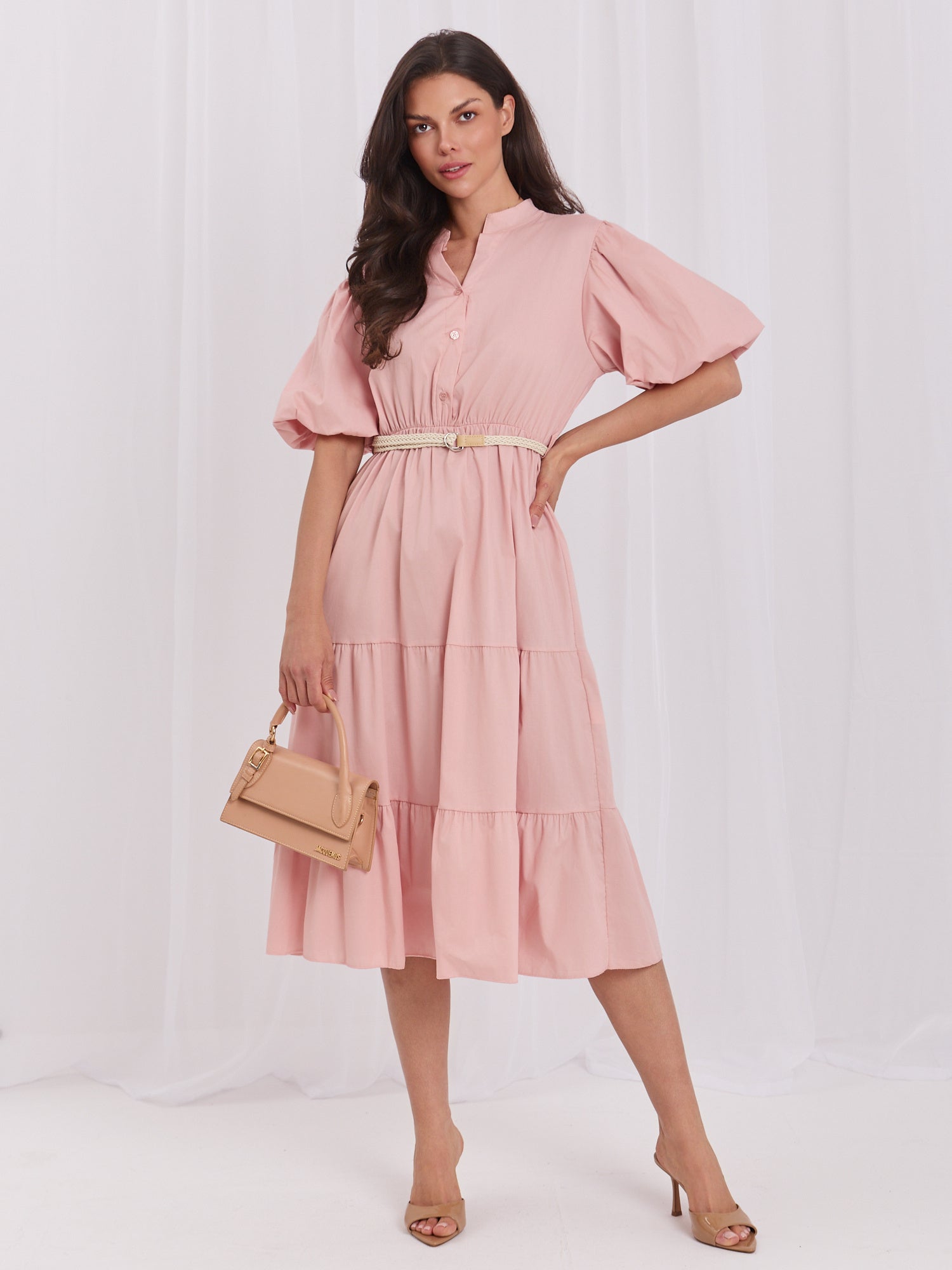 Rosa / ONE SIZE Vestito in cotone midi con balza e cintura